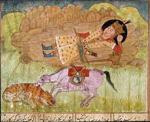 Rostam schläft, nahe seinem Pferd und einem geschlachteten Leoparden, aus einem Manuskript des Shahnameh von Firdawsi